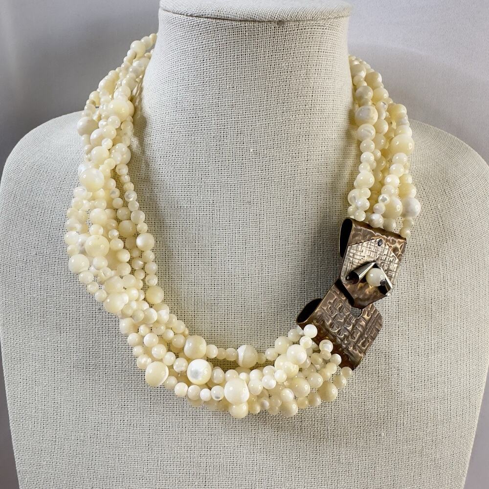 VTG Artisan Necklace Charlene Biesele Mother of Pearl Bead & Repousse Brass 20"